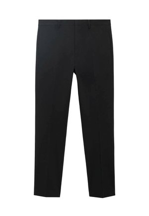 Schwarze Hose aus glattem Stoff, mit geradem Bein, flachem Frontbereich und diskreten Taschen. Keine sichtbaren Muster oder Akzente.