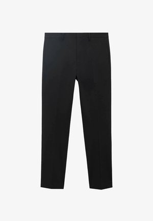 Schwarze Hose aus glattem Stoff, mit geradem Bein, flachem Frontbereich und diskreten Taschen. Keine sichtbaren Muster oder Akzente.