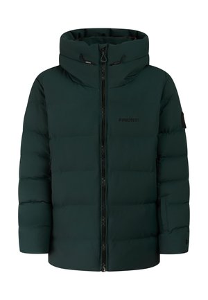 Dunkelgrüne wattierte Winterjacke mit hohem Kragen, Frontreißverschluss und elastischen Kordeln an der Kapuze.