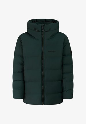 Dark green padded winter jacket with a high collar, front zipper, and elastic drawstrings on the hood.