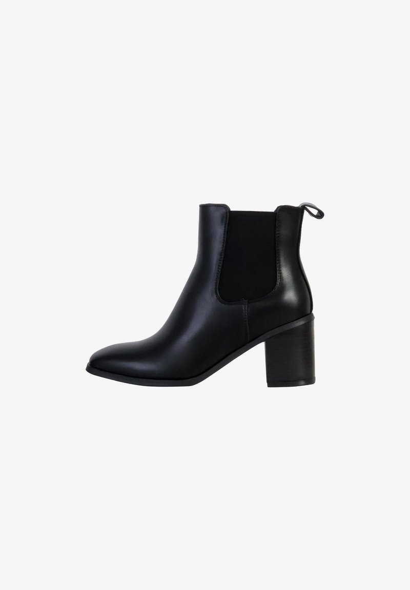 Black leather ankle boot with a pointed toe and elastic side panels. Features a chunky heel and a pull tab at the back for ease of wear.