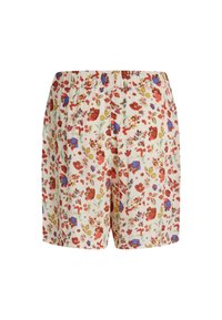 Shorts fleuris avec une taille élastique. Fond crème orné de motifs floraux rouges, bleus et jaunes. Tissu léger, coupe décontractée.