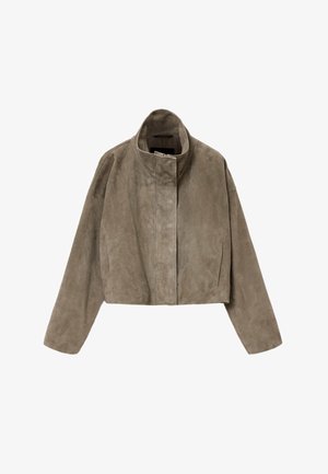 Gekürzte, taupefarbene Wildlederjacke mit hohem Kragen, Reißverschluss vorne und lässig geschnittenen Ärmeln. Sanfte Textur und minimalistisches Design.