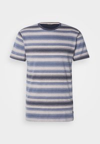 T-shirt pour homme à manches courtes avec col rond, à rayures horizontales dans des nuances de bleu, gris et blanc sur un fond clair.