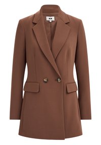 Brun kavaj med skräddarsydd passform, dubbelknäppt design, spetsiga slag, två framfickor och rundade knappar. Mjuk tyltextur.