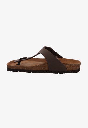 Braune Flip-Flop-Sandale mit einem strukturierten Korkfußbett, ausgestattet mit einem breiten Riemen und einem einzelnen schwarzen Akzentstück im Oberteil. Gummisohle.