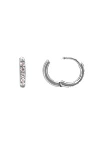 Boucles d'oreilles en argent en forme de cercle, avec un design incurvé et cinq petites pierres roses alignées sur un côté. Surface lisse et brillante, finition polie.