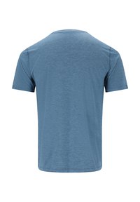 Sininen lyhythihainen t-paita, jossa on pyöreä kaula-aukko, valmistettu teksturoidusta, kevyestä kankaasta. Takapuoli on yksinkertainen ilman lisämerkintöjä tai kuvioita.