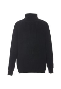 Pulover negru, cu guler înalt și textură cu nervuri, cu mâneci lungi, având o croială lejeră și un material texturat, conceput pentru confort și căldură.