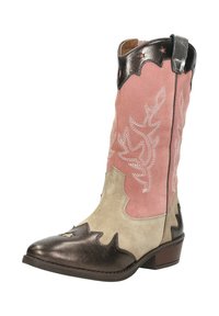 Westers stijl enkelboot met een roze suede bovenkant, een crème-kleurige onderkant, een metallic bronzen neus en decoratieve witte stiksels.