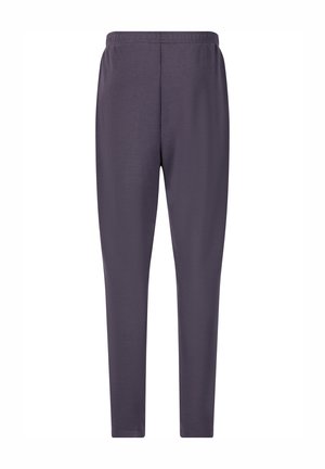 Pantalon de sport violet avec une coupe cintrée, fabriqué à partir d'un tissu lisse et extensible. Comprend une taille élastique pour le confort. Sans poches.