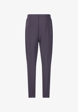 Pantalon de sport violet avec une coupe cintrée, fabriqué à partir d'un tissu lisse et extensible. Comprend une taille élastique pour le confort. Sans poches.