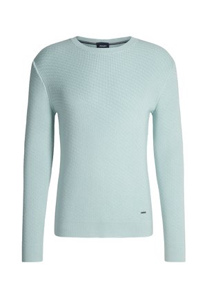 Maglione azzurro chiaro con trama, scollo tondo, maniche lunghe, polsini a coste e piccolo logo del marchio sull'anca. Realizzato in materiale lavorato a maglia.