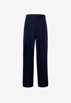 Granatowe spodnie o luźnym kroju, z plisowanym przodem, szerokimi nogawkami i gładką fakturą materiału. Posiadają klasyczny design z pętelkami na pasek oraz ukryte zapięcie.
