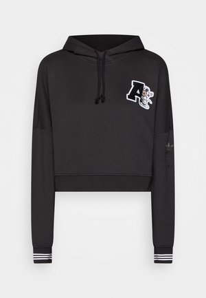 Černá zkrácená mikina s kapucí na šňůrku, s bílým vyšívaným písmene "A" a grafickým akcentem. Hladké manžety se černobílými pruhy.