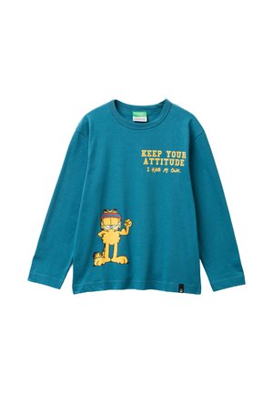 Türkiser Langarm-T-Shirt aus Baumwolle mit einem Grafikdesign eines Cartoon-Katzens und dem Text "BEHALTE DEINE EINSTELLUNG, ICH HABE MEINE EIGENE."