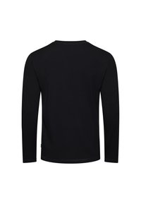 Zwarte longsleeve T-shirt, ronde hals, zacht materiaal, rechte zoom, minimalistisch ontwerp, geen zichtbare patronen of versieringen.