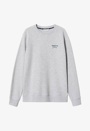 Hellgraues Sweatshirt mit Rundhalsausschnitt und langen Ärmeln, auf der linken Brust befindet sich ein kleiner dunkelgrüner Schriftzug "UNLIMITED Challenge".