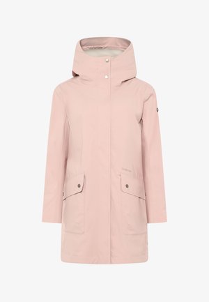 Lichtroze regenjas met capuchon, voorzijde met drukknopen en twee grote klepzakken met knoopsluiting.