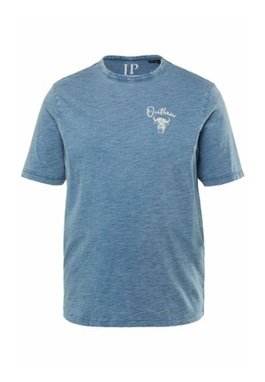 T-shirt blu a maniche corte realizzato in tessuto morbido, con colletto rotondo, caratterizzato da una scritta e un grafiche "Outlaw" bianche nella parte sinistra del petto.