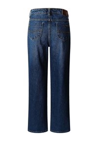 Donkerblauwe denim jeans met een rechte pijp, twee achterzakken met contrasterende stiksels en een bruine leren patch op de tailleband.