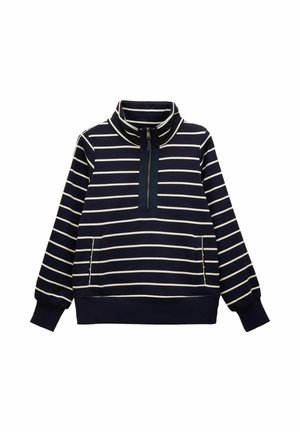 Navy blue pullover with white horizontal stripes, half-zip front, high collar, long sleeves, and side pockets with ribbed cuffs and hem.