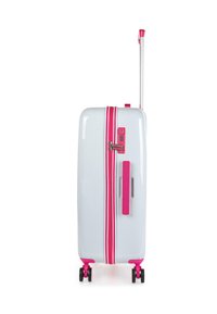 Maleta blanca de concha dura con cremallera, asas y detalles en color rosa. Cuenta con un candado TSA y cuatro ruedas para mayor movilidad. Textura suave.