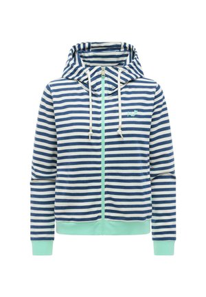 Navy and white striped zip-up hoodie with mint green cuffs and hem, drawstring hood, and small mint logo on chest.