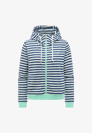 Marineblå og hvidstribet lynlåshættetrøje med mintgrønne manchetter og kant, snøre i hætten og lille mintfarvet logo på brystet.