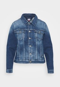 Jeansjacka med en ljus till mörkblå gradient, med två bröstfickor, silverknappar och krage. Texturerad tygfinish.