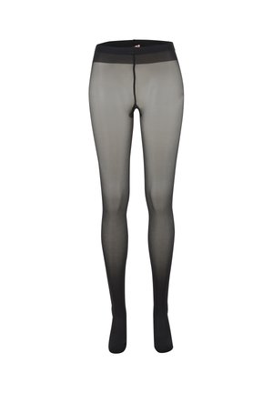 Sorte gennemsigtige strømpebukser med en glat tekstur, uigennemsigtige ved fødderne og med en forstærket bånd ved taljen, der har en lodret sømdetalje.