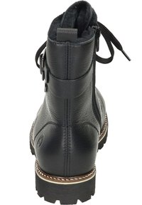 Schwarze Lederstiefelette mit strukturiertem Finish, seitlichem Reißverschluss und Schnürdetail. Verfügt über eine robuste Sohle und Kontrastnähte entlang der Kante.