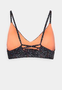 Top de bikini preto e laranja com um design em V, alças finas ajustáveis e um padrão de bolinhas com acentos em roxo e vermelho.