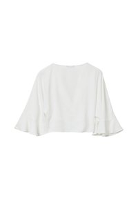 Top bianco corto con maniche a sbuffo, caratterizzato da una vestibilità morbida e una texture soffice, progettato senza chiusure visibili o decorazioni.