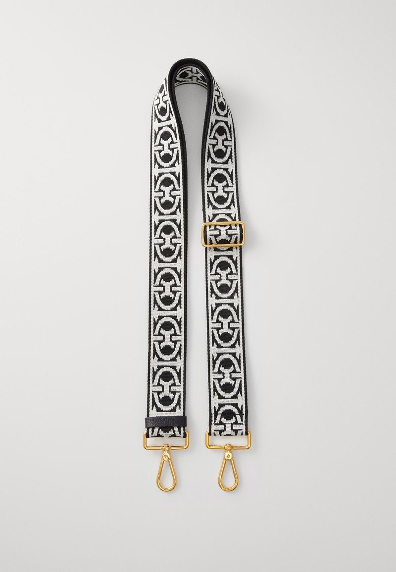 Vevd tekstilrem i svart og hvitt med geometrisk mønster, med detaljer i gulltone og justerbar lengde.