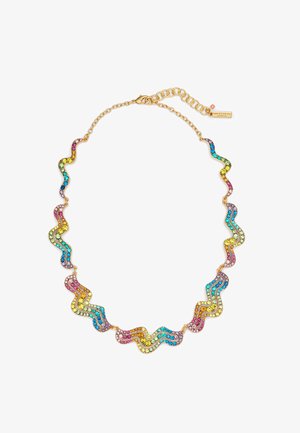 Gouden ketting met golvend ontwerp, versierd met meerkleurige rhinestones in blauw, roze, geel en groen, met een verstelbare ketting.