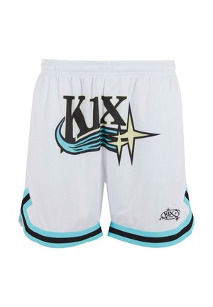 White athletic shorts featuring a black graphic design, turquoise accents, and black side stripes. Elastic waistband for comfort.