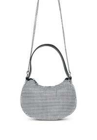 Borsa a forma rotonda in tessuto a quadretti bianco e nero, con tracolla a catena e texture simile alla satinata, dotata di chiusura con zip.