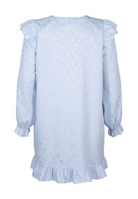 Himmlisch blaues Kleid mit strukturierter Blumendruck, langen Puffärmeln und rüschigem Saum. Verfügt über einen runden Ausschnitt und subtile Rüschendetails.