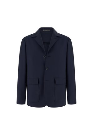 Blazer da uomo blu navy con rever a incavo, due tasche frontali con patta e chiusura a due bottoni, mostrato su sfondo bianco.
