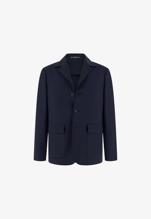 Marineblauw herenjasje met inkeping revers, twee klepzakken aan de voorkant en een sluiting met twee knoppen, afgebeeld op een witte achtergrond.