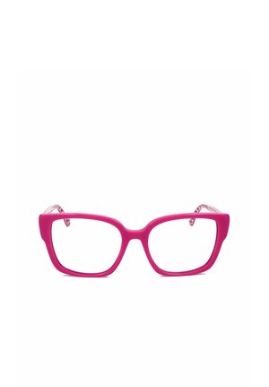Montatura rettangolare per occhiali di colore rosa acceso con bordi leggermente arrotondati, mostrata su uno sfondo bianco.