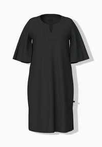 Czarna sukienka z dekoltem w kształcie litery V i krótkimi, dzwonkowymi rękawami. Posiada boczne rozcięcia dla lepszej swobody ruchów. Wykonana z gładkiego, lekkiego materiału.