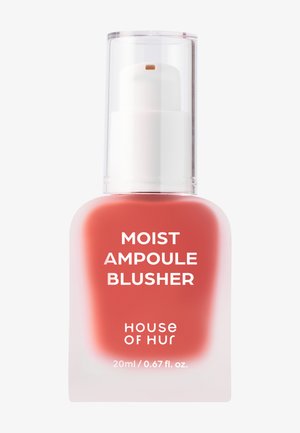 Petit flacon à pompe en verre dépoli contenant un liquide corail-rose étiqueté "Moist Ampoule Blusher" par House of HUR, capacité de 20 ml.