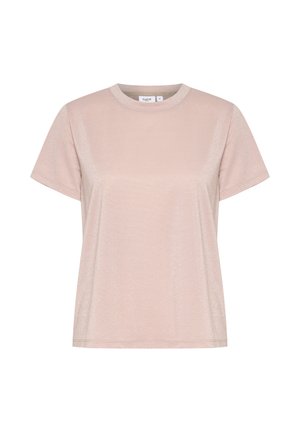 Lühikeste varrukatega roosa t-särk, valmistatud läikivast ja siledast kangast. Omab ümmargust kaelust ja vabalt laskuvat lõiget sirge hemiga.