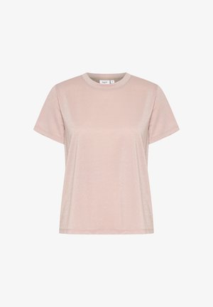 Lühikeste varrukatega roosa t-särk, valmistatud läikivast ja siledast kangast. Omab ümmargust kaelust ja vabalt laskuvat lõiget sirge hemiga.