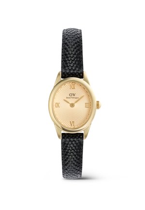 Quadrante d'orologio ovale dorato con quadrante testurizzato, numeri romani, cinturino in pelle nera testurizzata e due lancette dorate che segnano le 10:10.