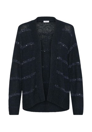Offene, langärmlige Strickjacke in dunkelblau mit horizontalen Streifen. Merkmale sind die gerippte Textur und der entspannte Schnitt. Leichtes Material.