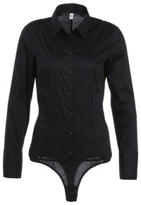 Svart långärmad skjorta med krage, knäppning framtill och bodysuit-bottom; slät tyg med skräddarsydd passform.