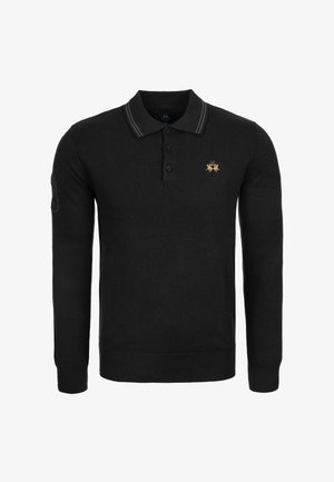 Czarna dzianinowa koszulka polo z długimi rękawami, plisą na dwa guziki, szarym kołnierzykiem w paski oraz małym złotym logo na lewej piersi.